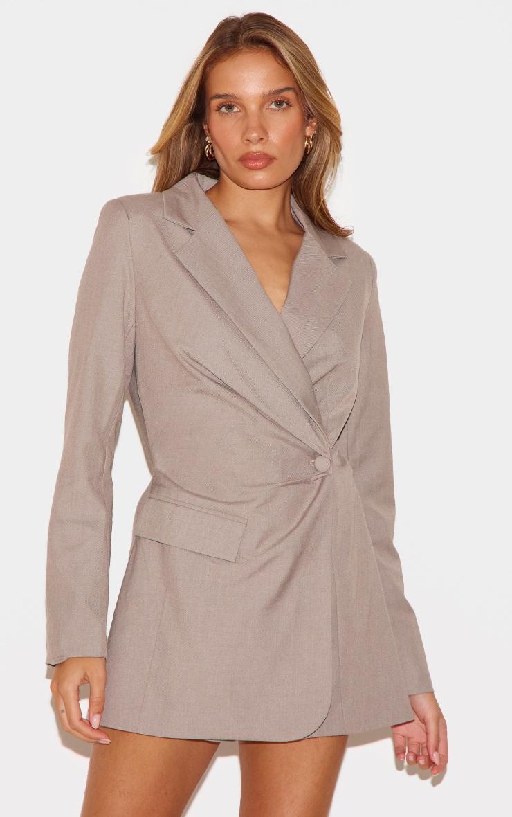 Taupe Tailored Woven Cinched Waist Long Sleeve Romper Product Image