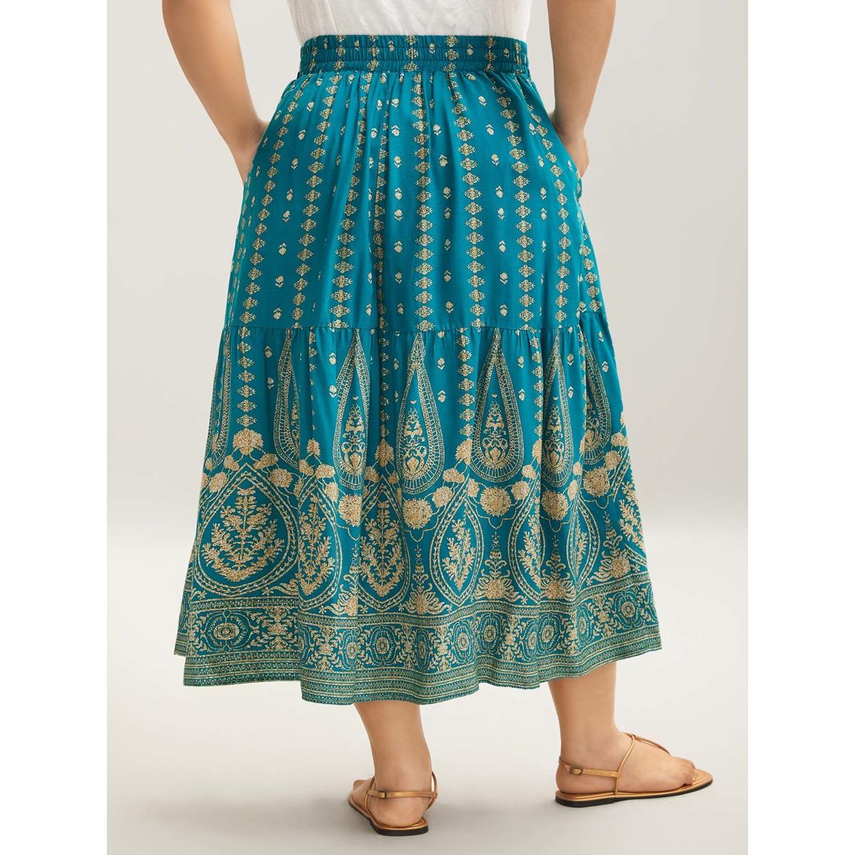 Plus Size Boho Geometric Print Tiered Maxi Skirt Women Turquoise Elegant Drawstring Bodycon Low stretch Slanted pocket Everyday-Elegant Skirts BloomChic 26/4X Product Image