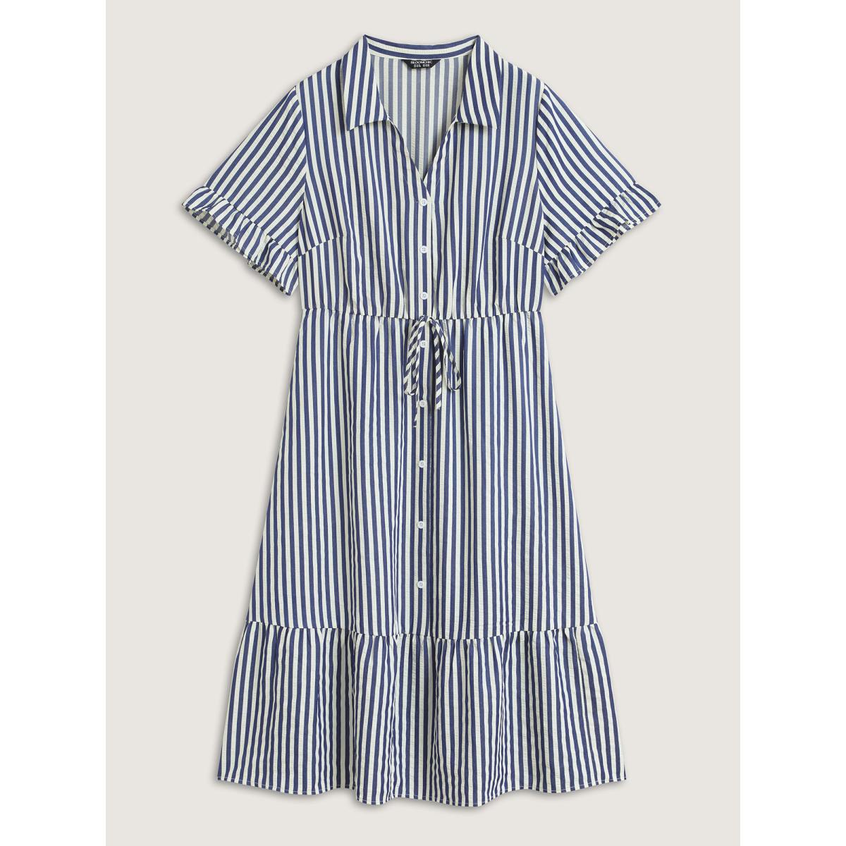 Plus Size Striped Tie-Front Midi Shirt Dress DarkBlue Women Shirt collar Short sleeve Curvy BloomChic 10/M Product Image