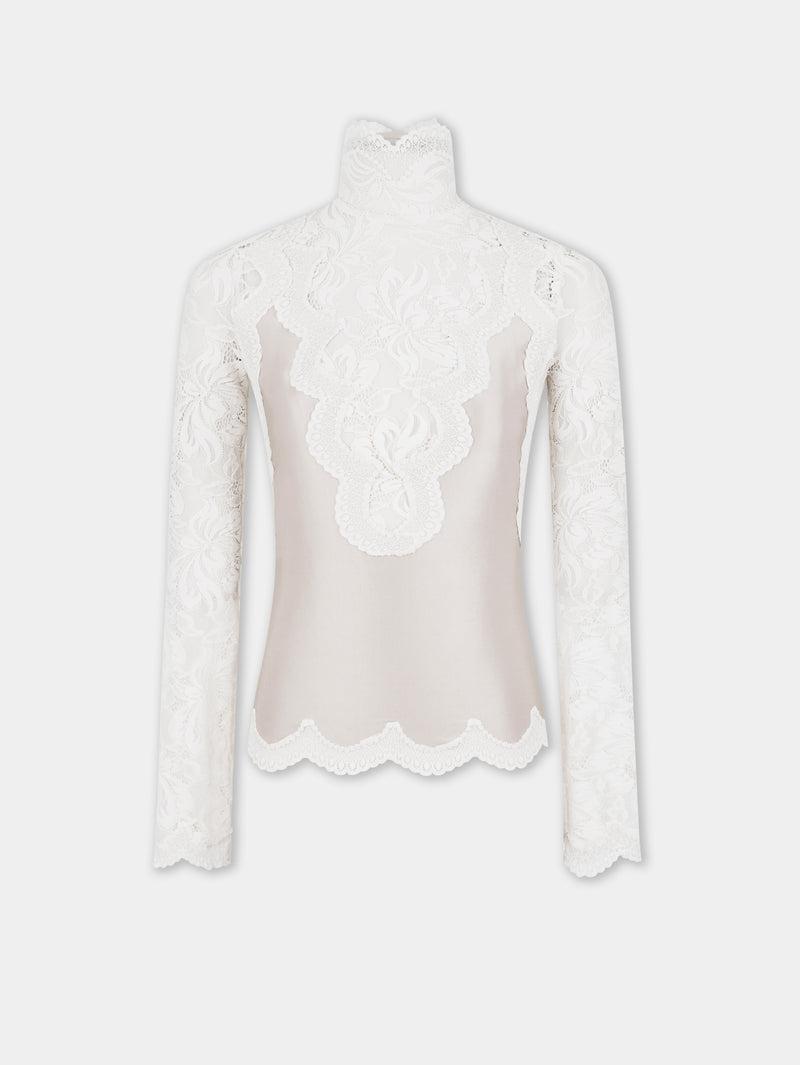 IVORY LONG SLEEVE TOP IN LACE AND JERSEY Product Image