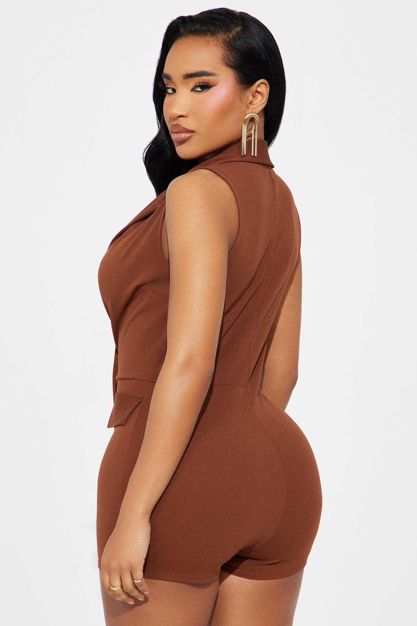 First To The Office Crepe Collar Romper - Brown Product Image