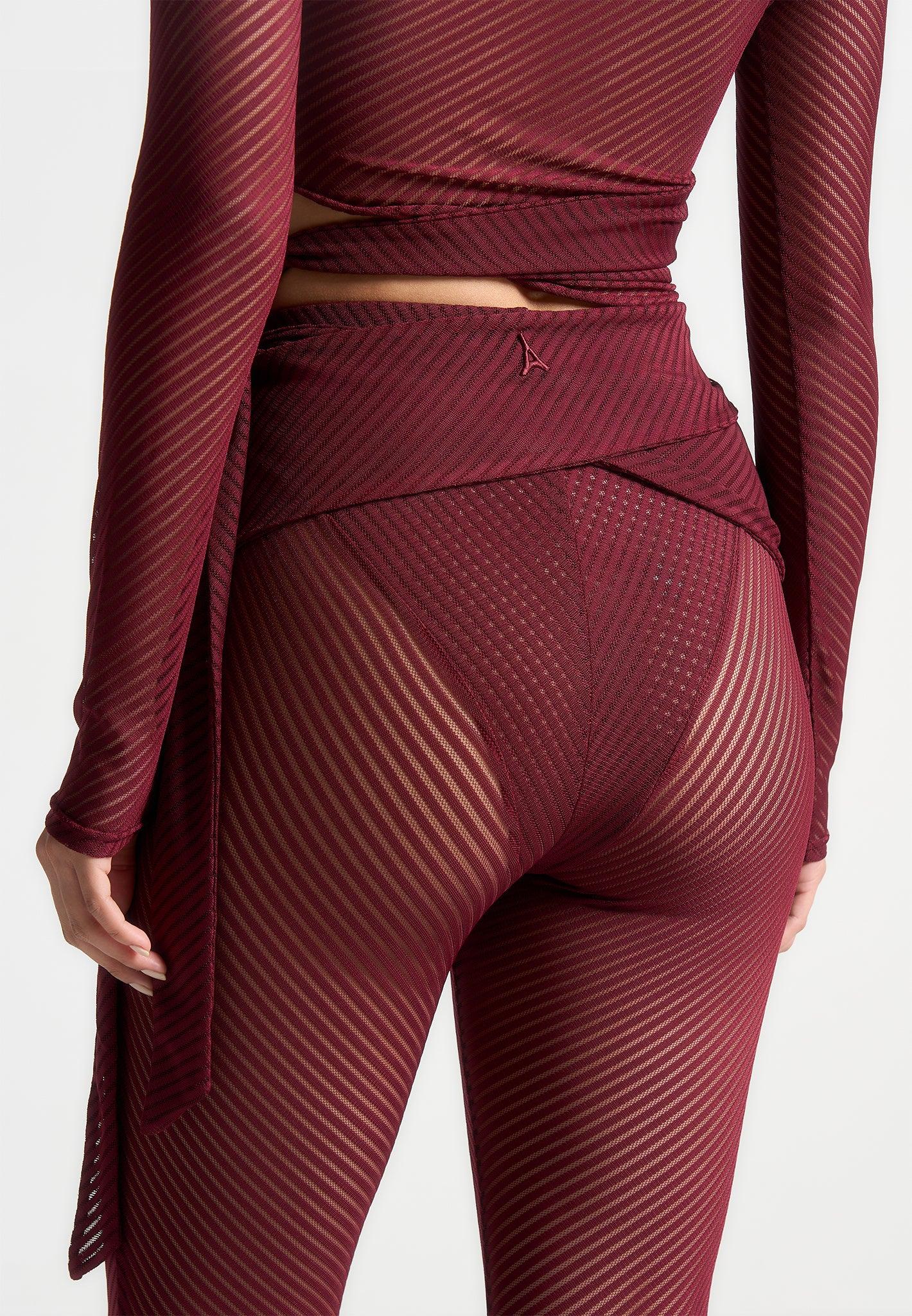 Ribbed Sheer Leggings with Tie - Wine Red Female Product Image