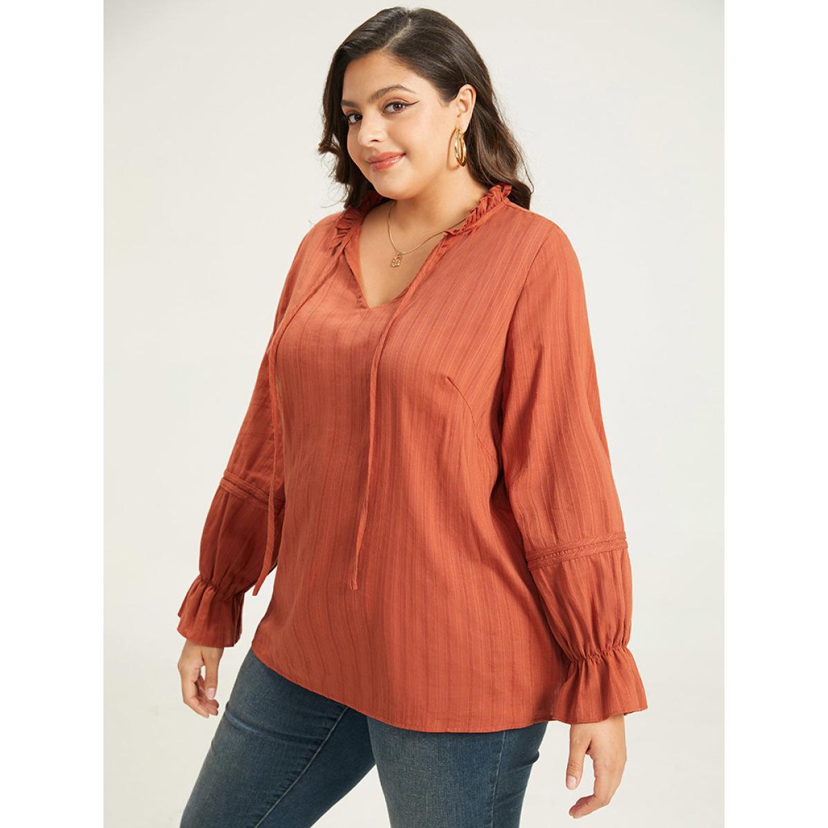 Plus Size OrangeRed Plain Tie Neck Textured Ruffle Trim Blouse Women Elegant Long Sleeve Tie Neck Dailywear Blouses BloomChic 14-16/1X Product Image