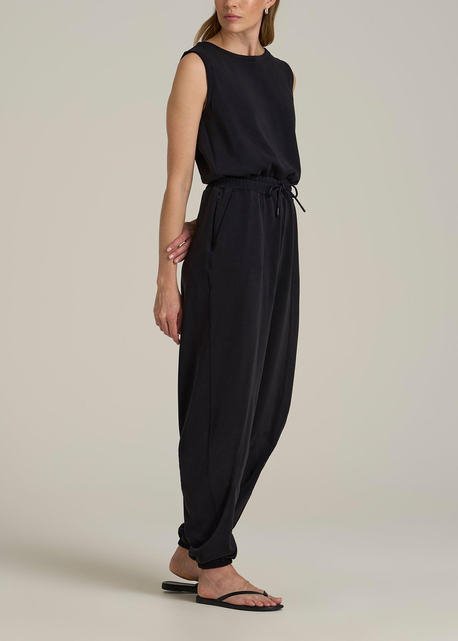 Soft Motion Sleeveless Sweatpant Jumpsuit for Tall Women in Black Female Product Image