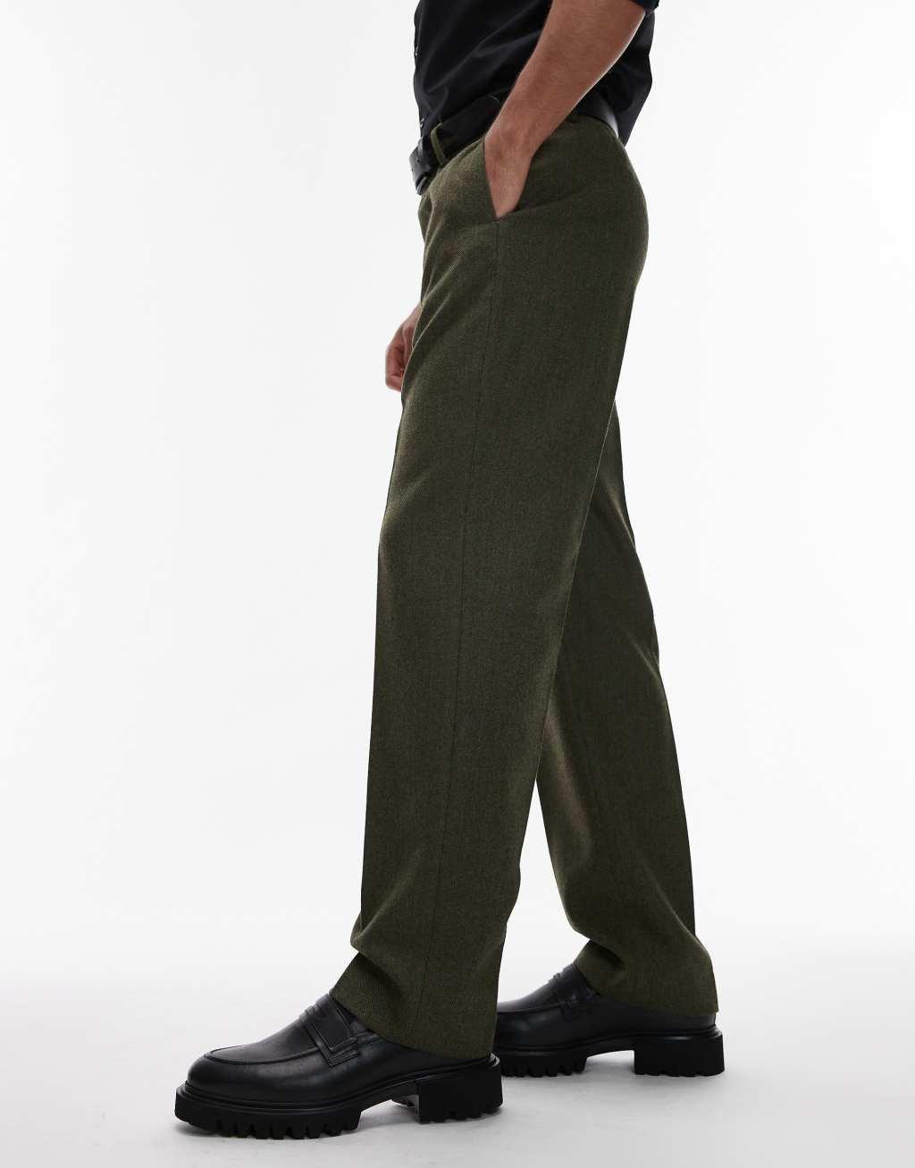 ASOS DESIGN smart straight leg pants in green wool look herringbone Product Image