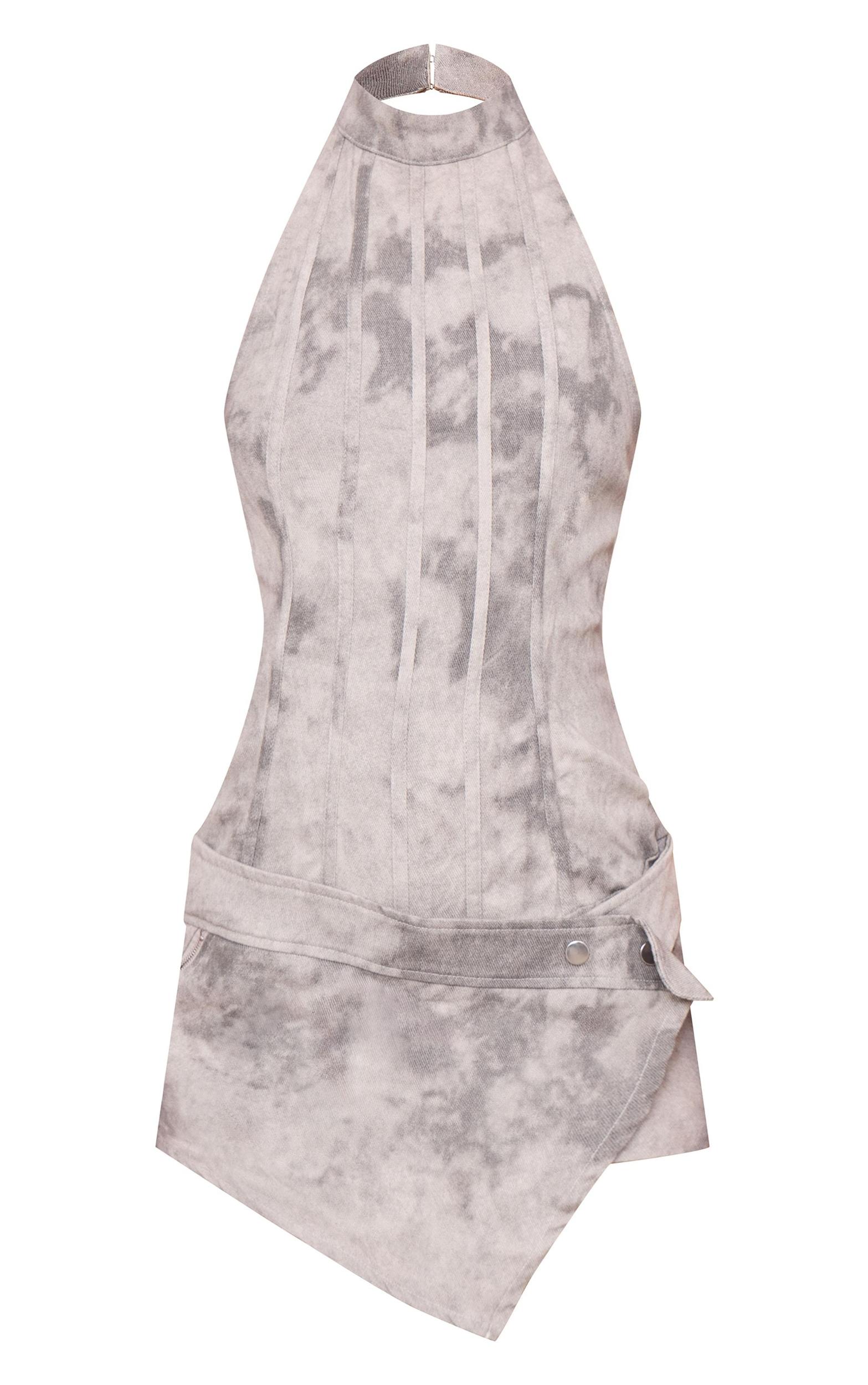 Grey Washed Twill High Neck Wrap Detail Skort Romper Product Image