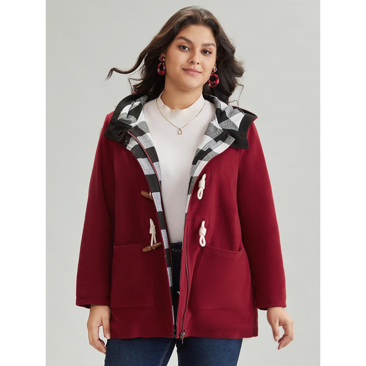 Plus Size Plaid Patchwork Hooded Duffle Button Coat Women Crimson Casual Lined Ladies Dailywear Winter Coats BloomChic 22-24/3X Product Image
