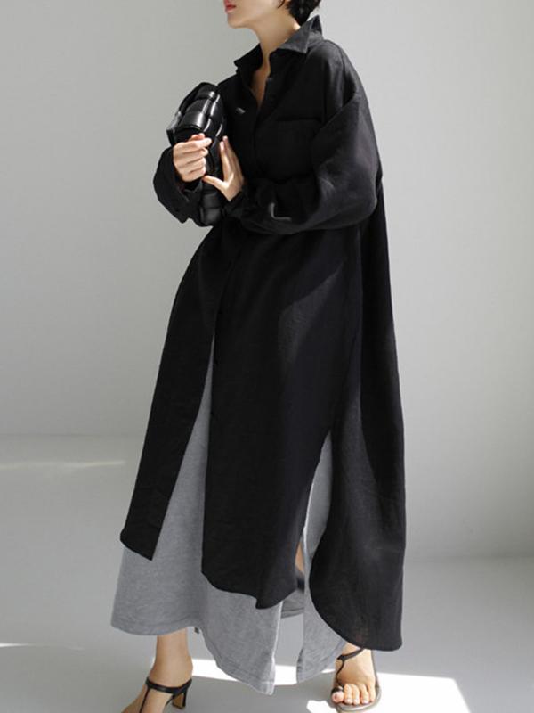 Simple Long Sleeves Split-Side Solid Color Lapel Midi Dresses Shirt Dress Product Image