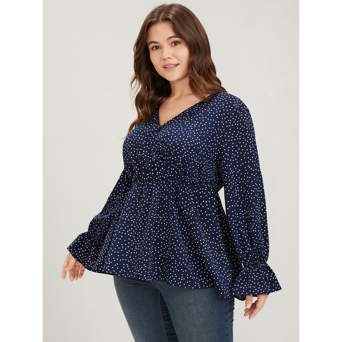 Plus Size DarkBlue Polka Dot Button Lantern Sleeve Ruffles Hem Wrap Blouse Women Elegant Long Sleeve V-neck Dailywear Blouses BloomChic 18-20/2X Product Image