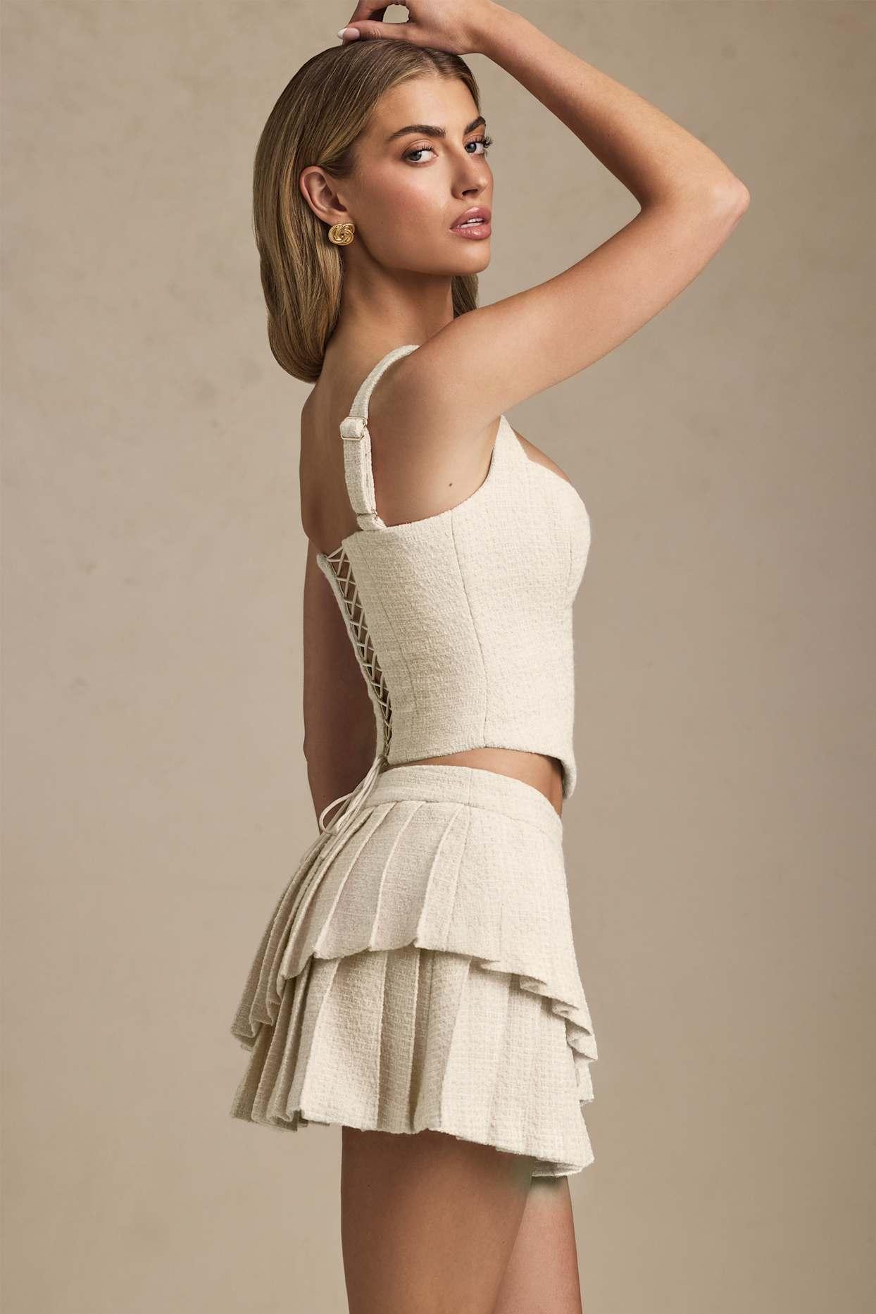 Layered Pleated Low-Rise Mini Skirt in Ivory Product Image