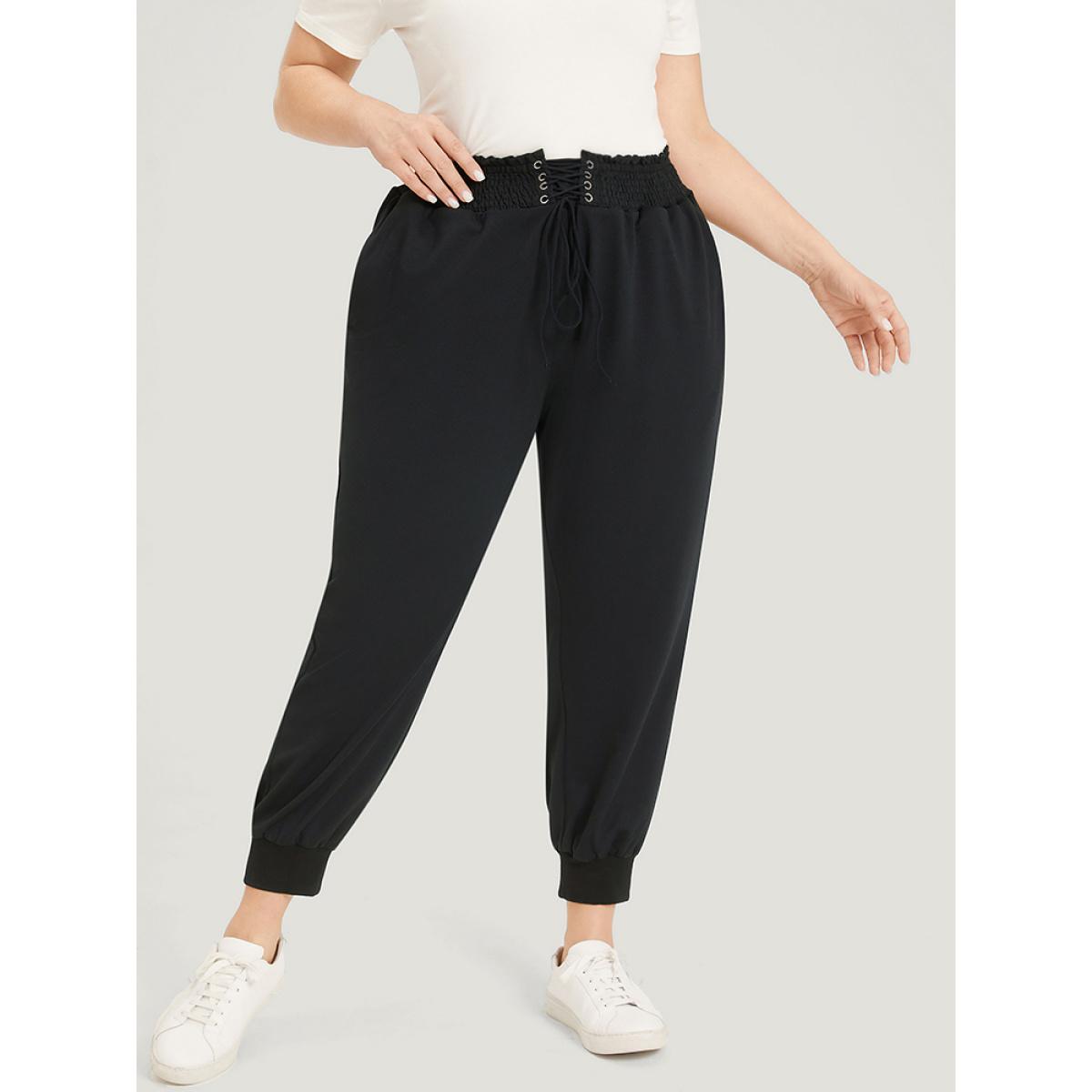 Solid Pocket Bowknot Shirred Sweatpants Black Plus Size Women Casual Dailywear Drawstring 26/4X Bloomchic Product Image