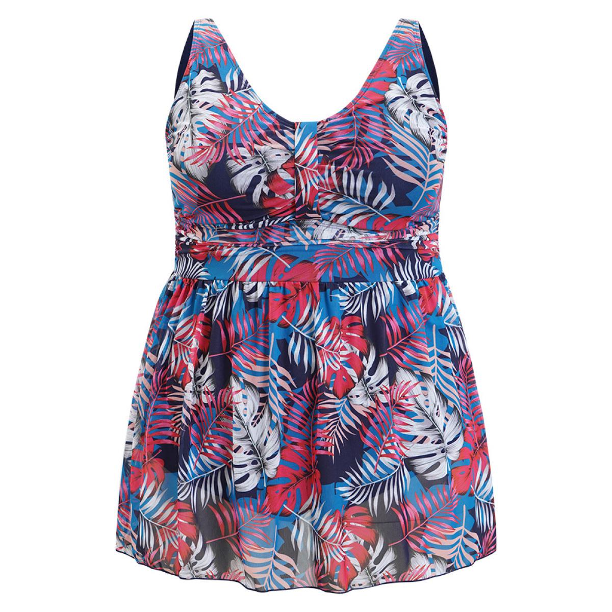 Plus Size Plant Print Contrast Ruffle Hem A Line Ruched Swim Dress Women's Swimwear Indigo Vacation Bodycon V-neck High stretch Curve Swim Dresses BloomChic 22-24/3X Product Image