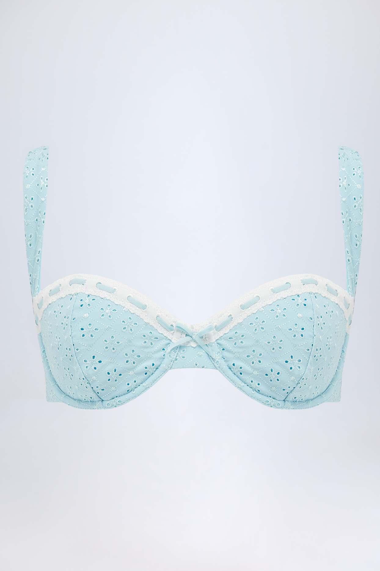 Broderie Anglaise Underwired Balconette Bikini Top in Powder Blue Product Image