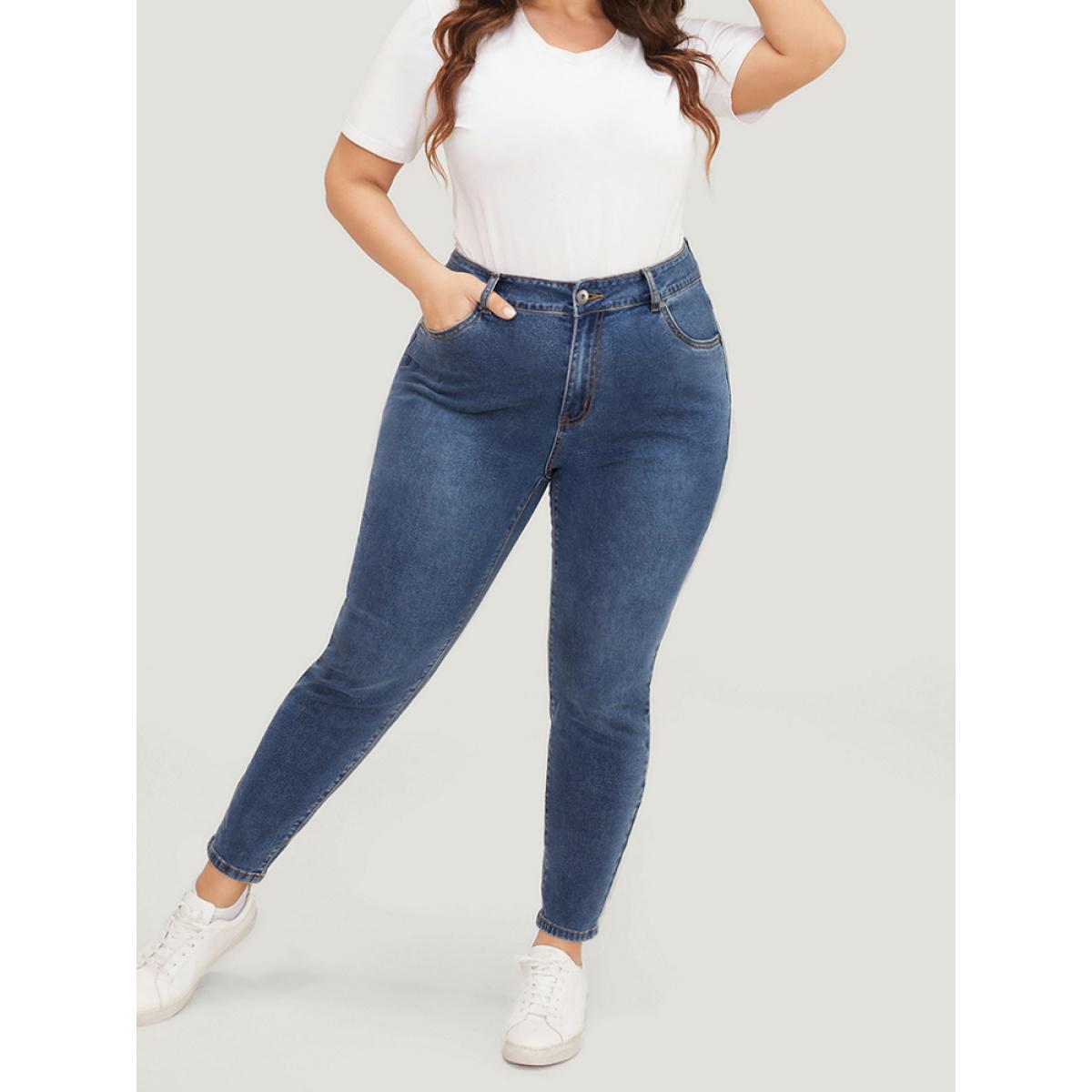 Plus Size Skinny Very Stretchy High Rise Medium Wash Ankle Jeans Women Blue Casual Plain High stretch Pocket Jeans BloomChic 14/1X Product Image