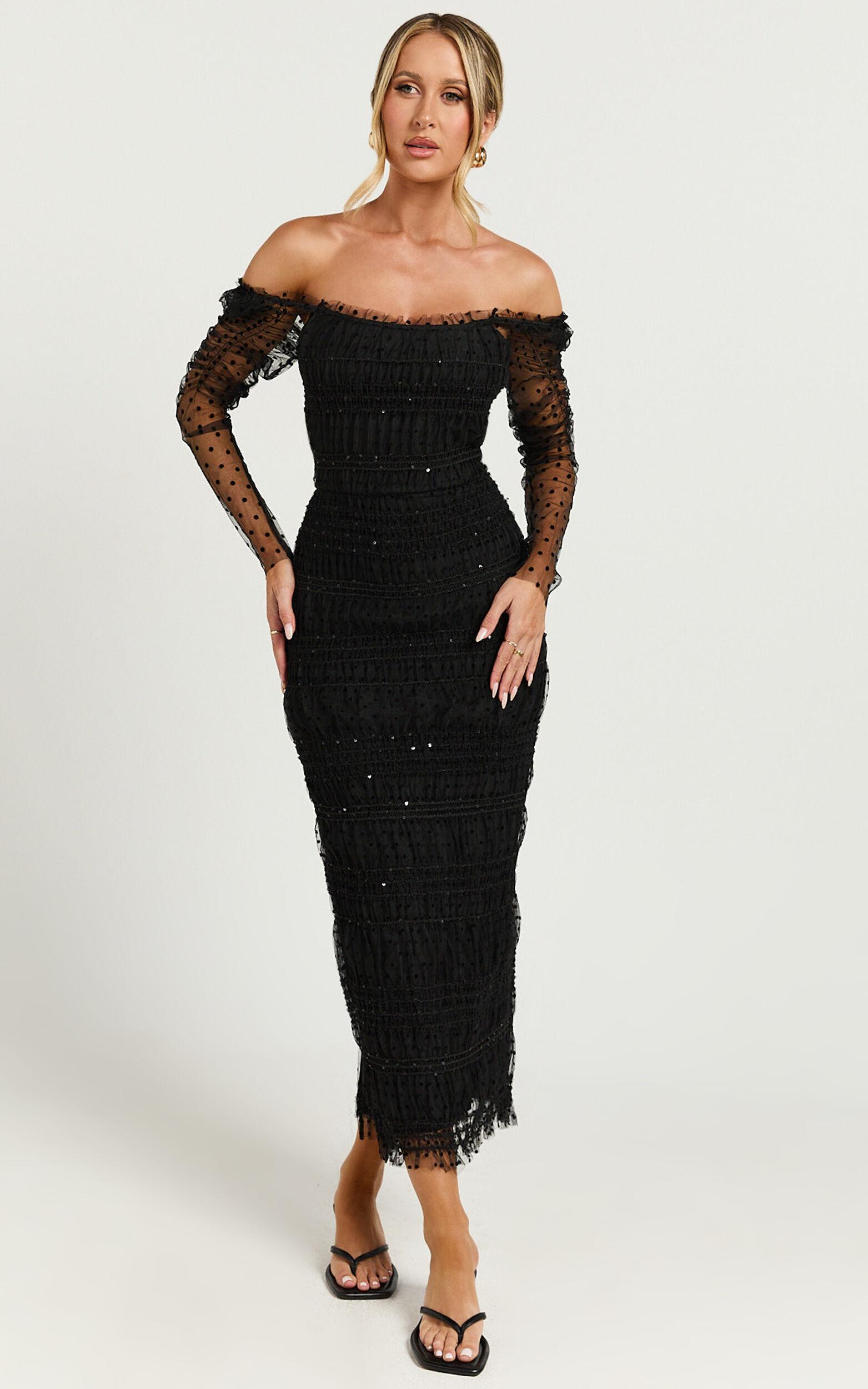 Evelyn Midi Dress - Long Sleeve Shirred Tulle Dress in Black Polka Product Image