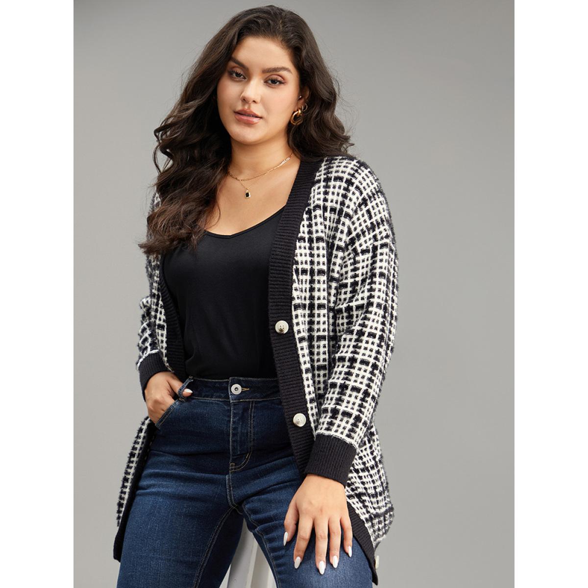 Plus Size Plaid Button Down Patched Pocket Cardigan Black Women Casual Loose Long Sleeve Dailywear Cardigans BloomChic 12/L Product Image
