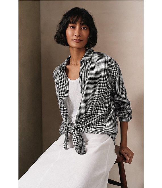 Eileen Fisher Yar-Dyed Stripe Puckered Organic Linen Point Collar Long Sleeve Shirt Product Image