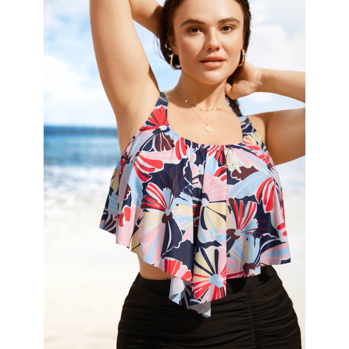 Plus Size U Neck Contrast Floral Tiered Ruffles Swim Top Women's Swimwear Indigo Beach Gathered High stretch Bodycon U-neck Curve Swim Tops BloomChic 30/6X Product Image