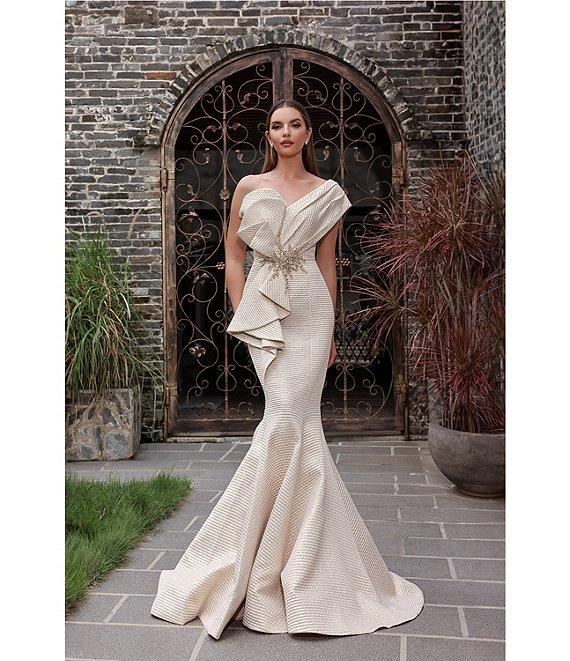 Terani Couture One Shoulder 3D Ruffle Front Front Jacquard Mermaid Gown Product Image