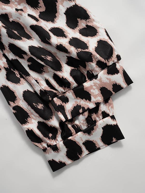 Loose Three-Quarter Sleeves Leopard Pleated Split-Joint Lapel Blouses&Shirts Tops Product Image