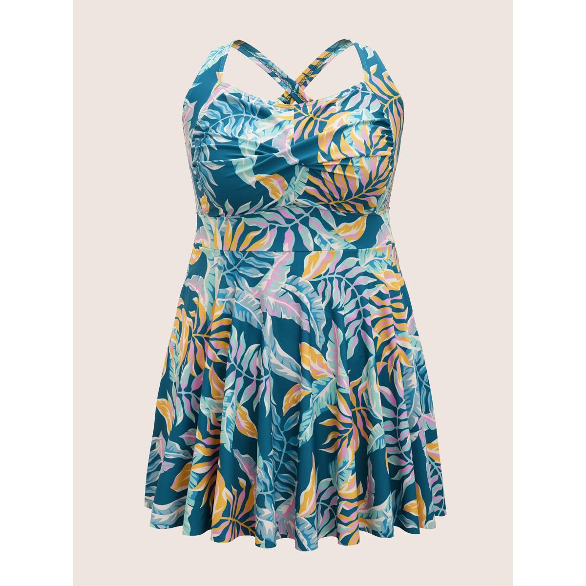 Plus Size Heart Neckline Tropical Print Twist Front Swim Dress Women's Swimwear Cyan Beach Bodycon Heart neckline High stretch Curve Swim Dresses BloomChic 14-16/1X Product Image