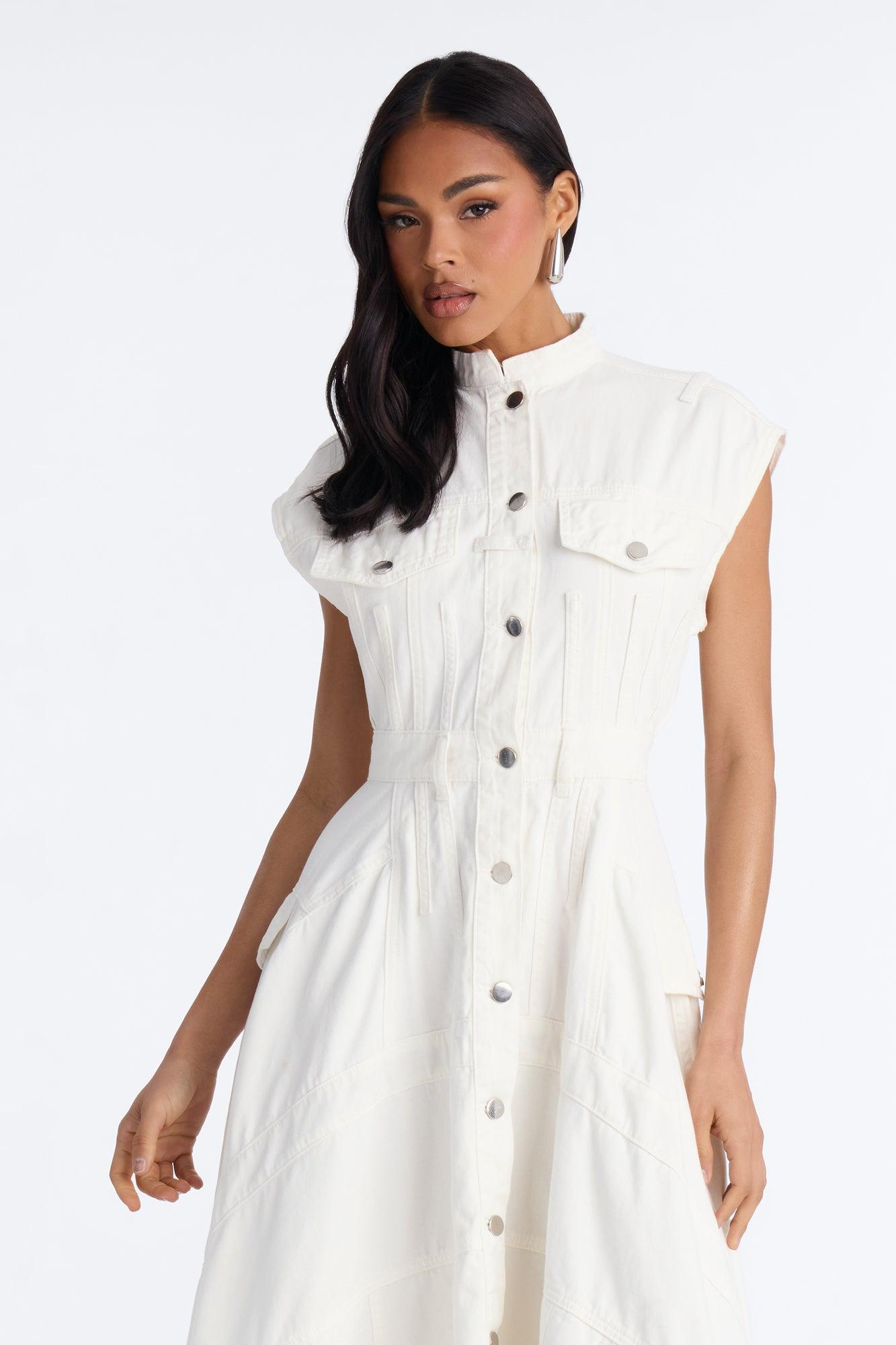 Dolly Button Up Denim Midi Dress - White Female Product Image