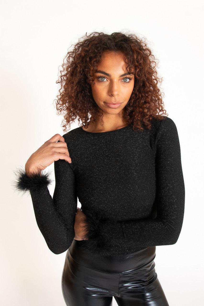 Feather Trim Glitter Long Sleeve Top Product Image