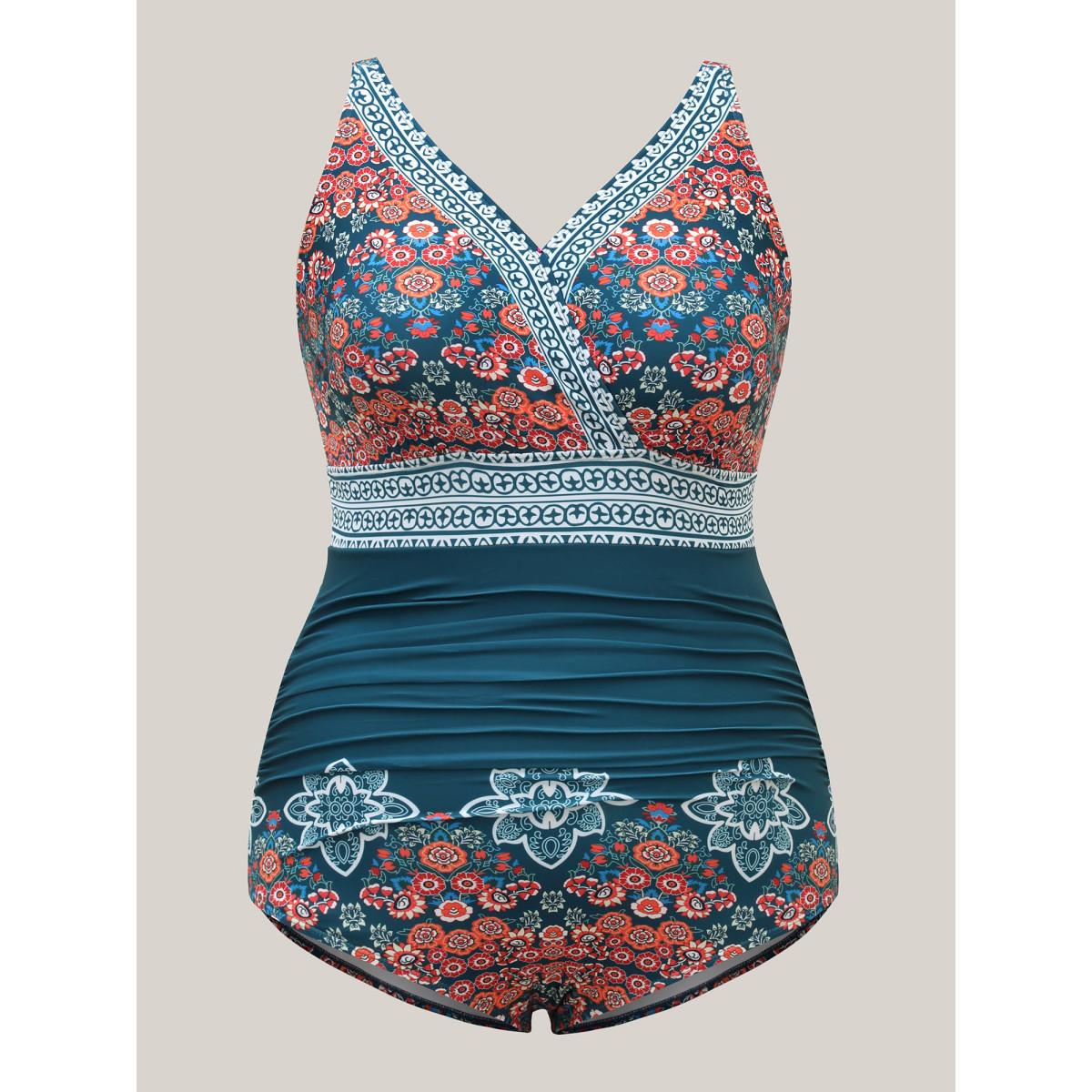 Plus Size Boho Print Ruched One-Piece Swimsuit Women's Swimwear Cyan Resort Gathered Curve Bathing Suits High stretch One Pieces BloomChic 12/L Product Image