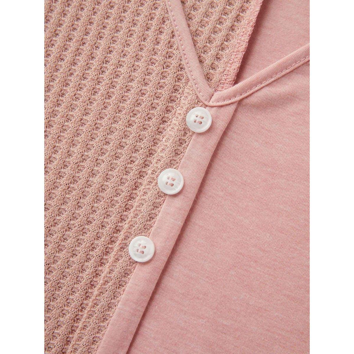 Plus Size Textured Button Detail Spliced T-Shirt Nudepink Women Texture V-neck Everyday-Casual T-shirts BloomChic 12/L Product Image