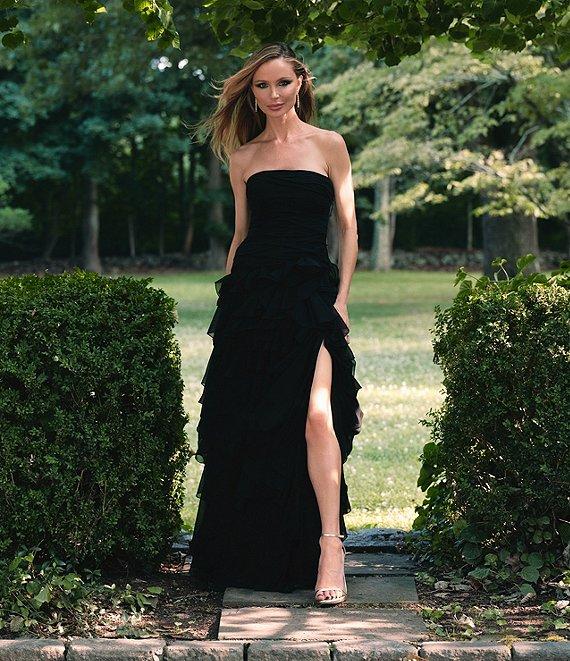 Muse by Marchesa Dahlia Chiffon Ruched Cascading Ruffle Strapless A-Line Maxi Dress Product Image