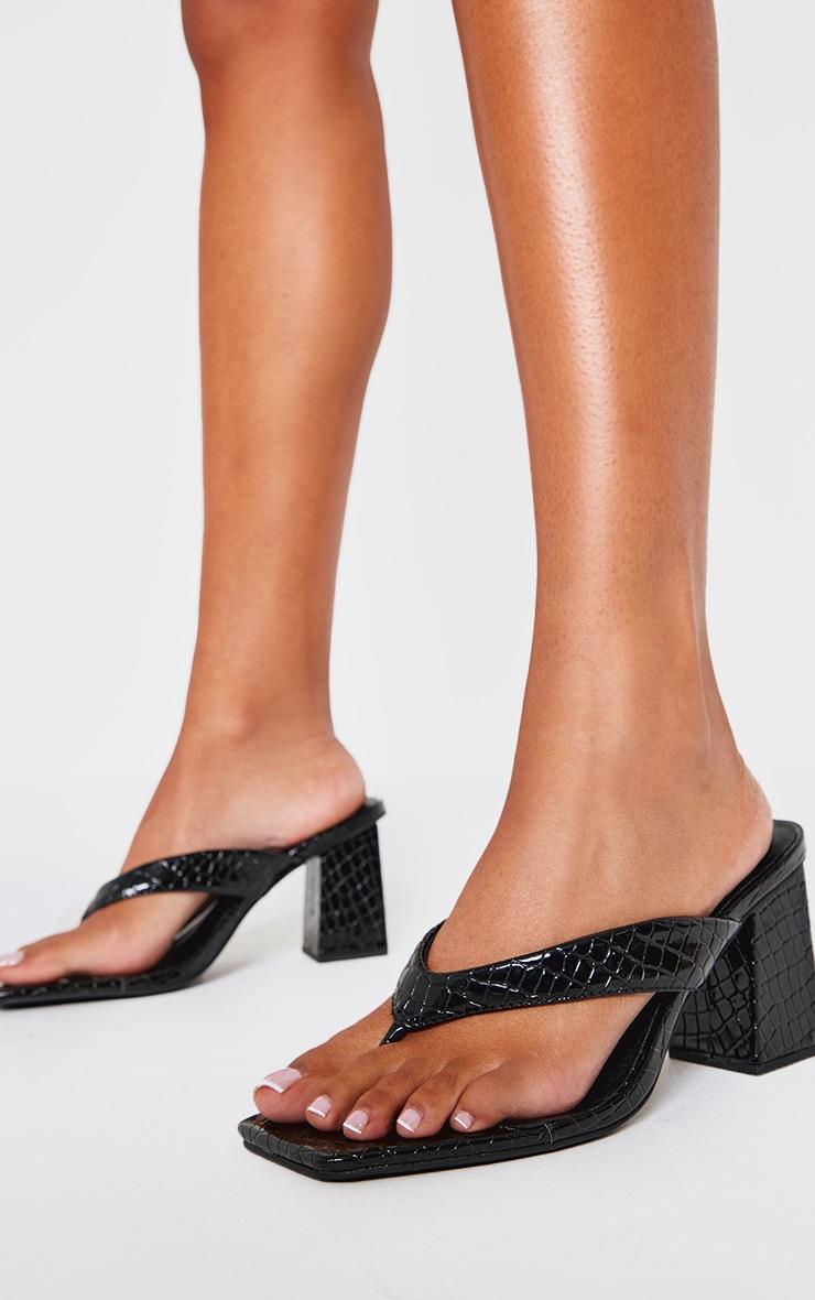 Wide Fit Black Croc Pu Square Toe Thong Block Mid Heeled Mules Product Image