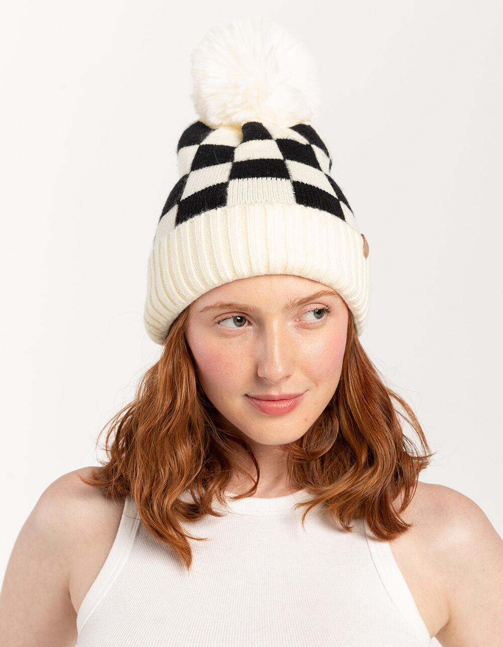Checkered Pom Womens Beanie - IVORY Product Image