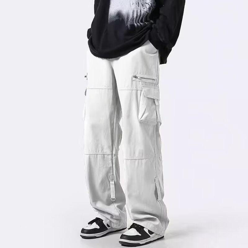 High Waist Plain Wide Leg Cargo Pants Product Image