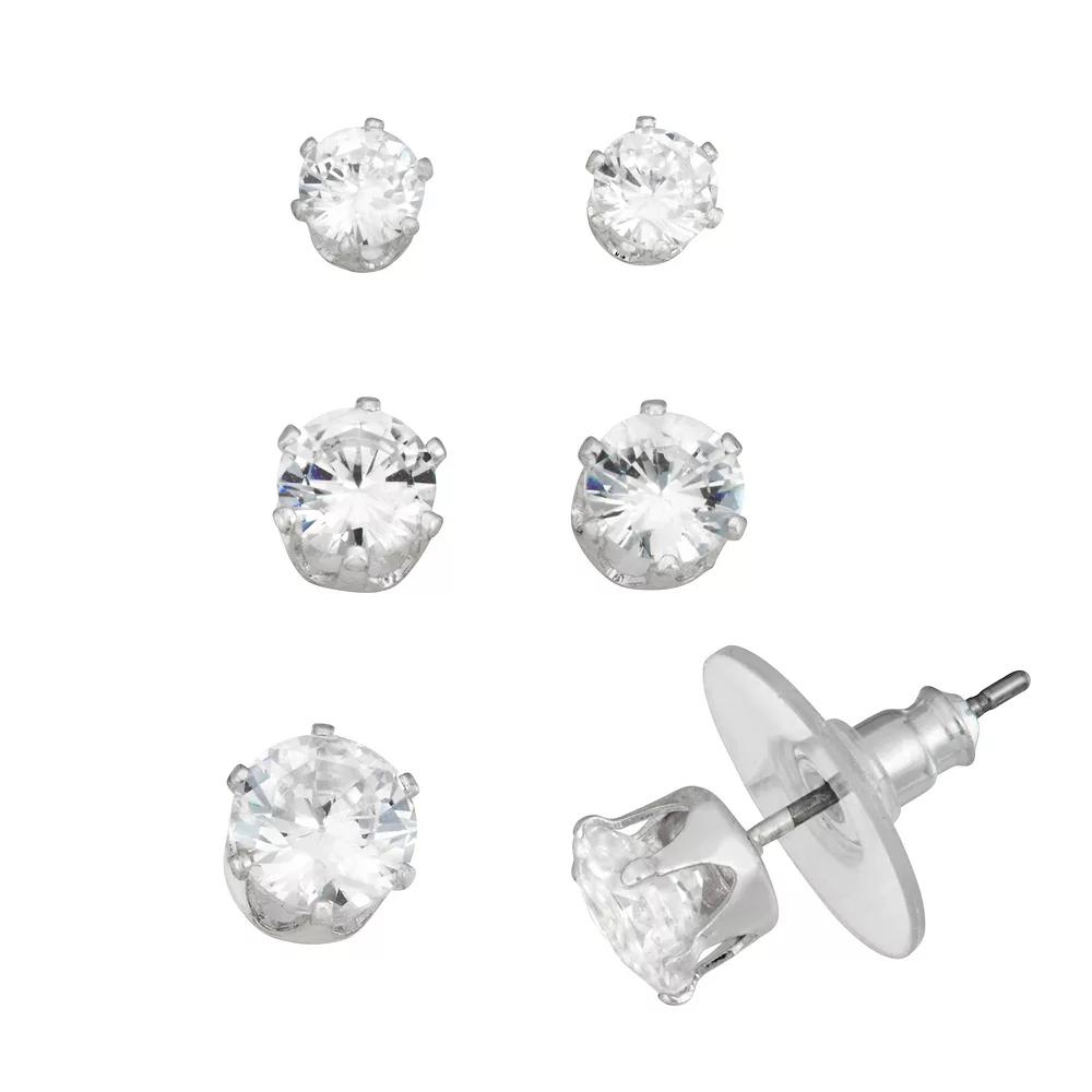 Napier Silver Tone Cubic Zirconia Stud Trio Earrings Set, Women's, Clear Product Image