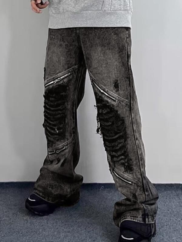 Men's Vintage Ripped Zip Up Loose Jeans Product Image