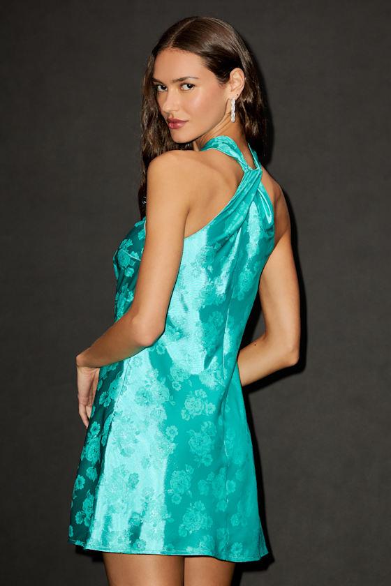 Got the Key Teal Green Satin Floral Jacquard Halter Mini Dress Product Image