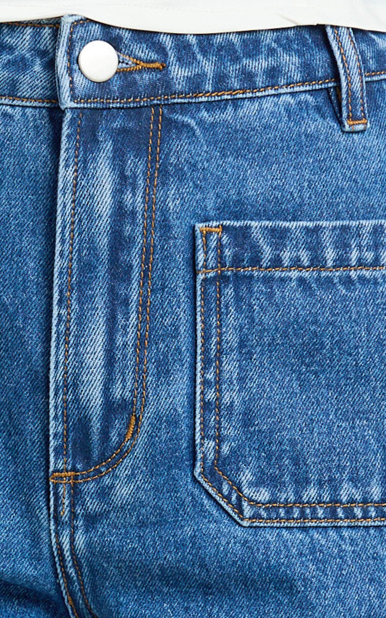 Avril Shorts - High Waisted Recycled Denim Patch Pocket Micro Shorts in Mid Blue Wash Product Image