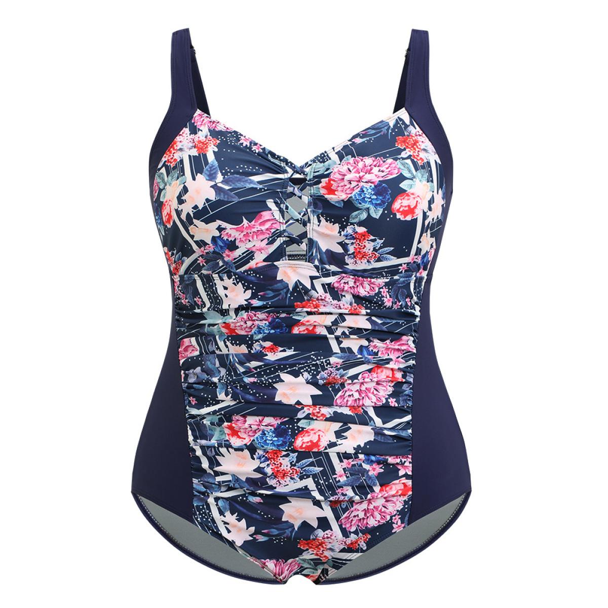 Plus Size Floral Crisscross Front Ruched Sculpt Waist One Piece Swimsuit Women's Swimwear Indigo Vacation Adjustable Straps Curve Bathing Suits High stretch One Pieces BloomChic 14-16/1X Product Image
