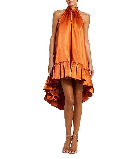 Mac Duggal Satin Halter Mock Neck Sleeveless Ruffle Hem High Low Mini Dress Product Image