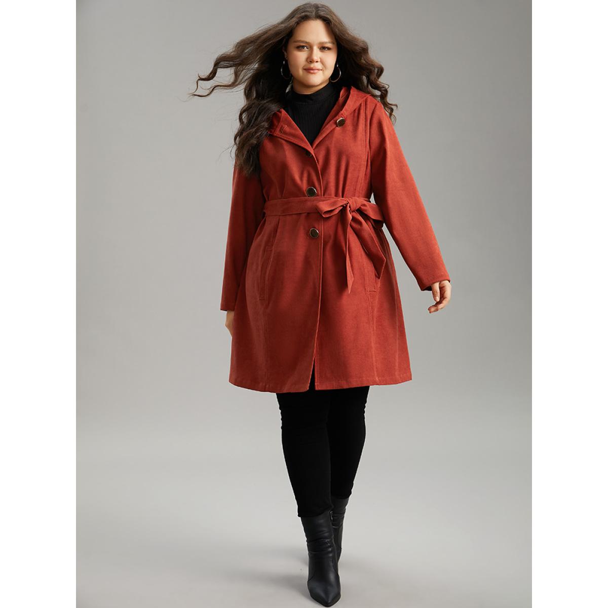 Plus Size Solid Belted Button Up Hooded Coat Women Russet Casual Plain Ladies Dailywear Winter Coats BloomChic 22-24/3X Product Image