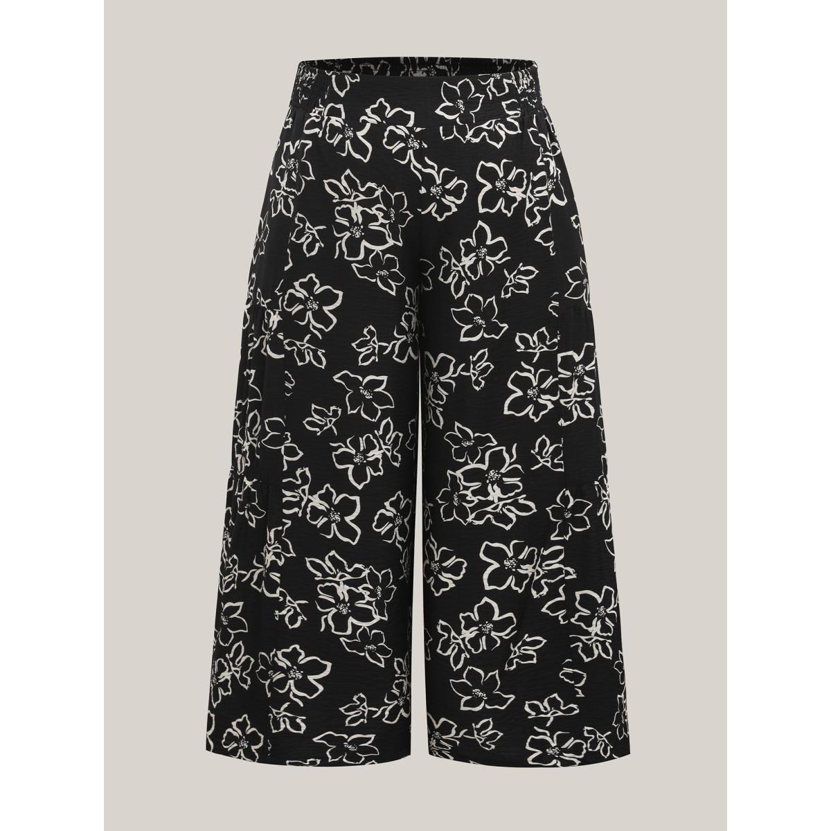 Plus Size Floral Shirred Waist Wide-Leg Pants Women BlackFlower Resort Wide Leg Mid Rise Vacation Pants BloomChic 18-20/2X Product Image