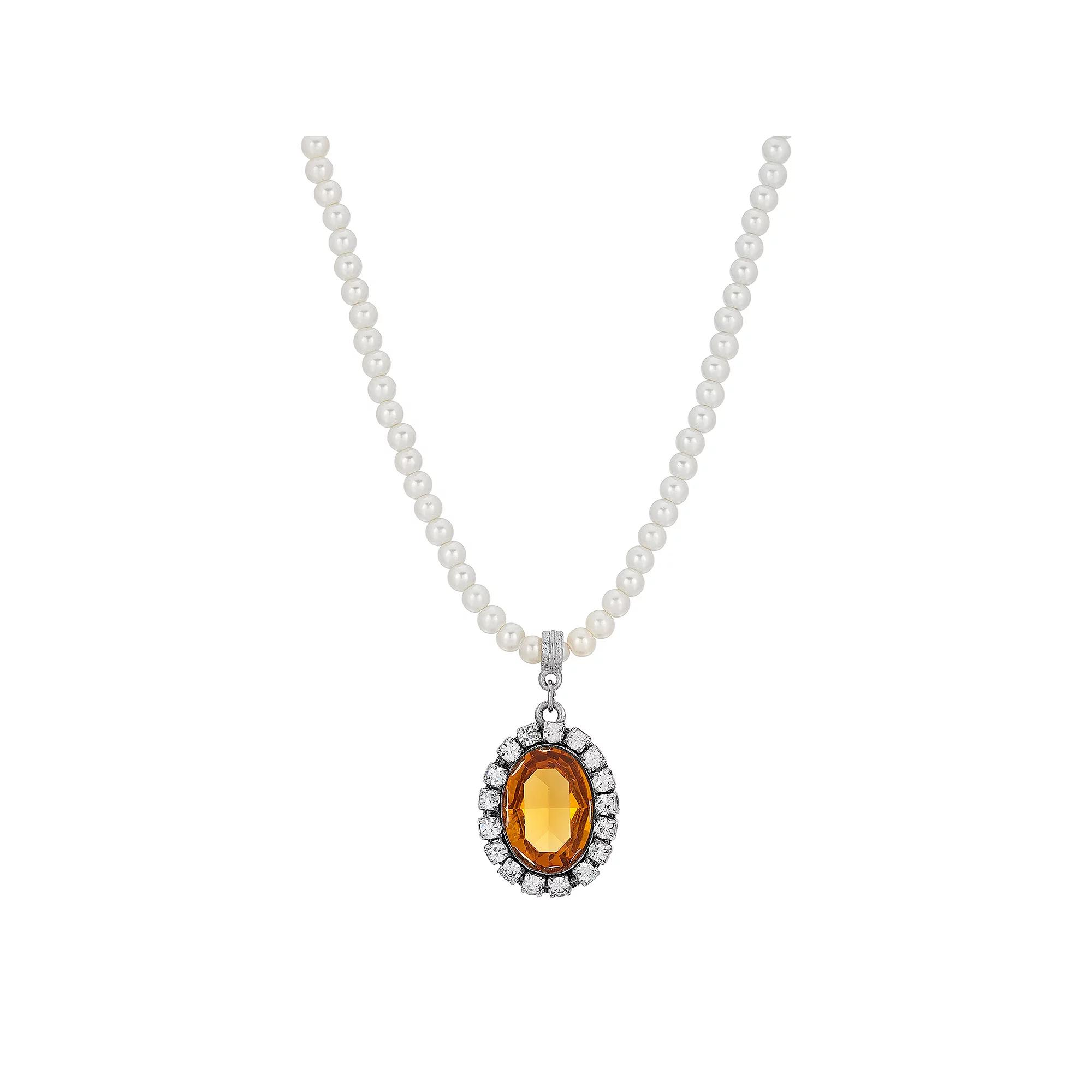 1928 Silver Tone Simulated Pearl Oval Halo Pendant Necklace, Womens, Yellow Product Image