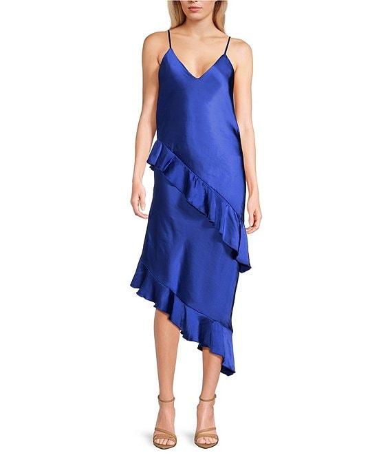 GB Cascading Satin Asymmetrical Ruffle Midi Dress Product Image