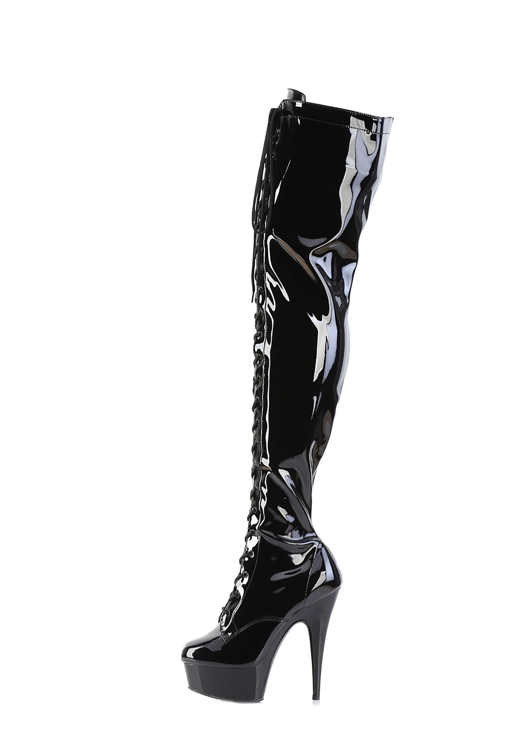 Pleaser Delight-3023 Lace-Up Stretch Vinyl Boots - Black Product Image