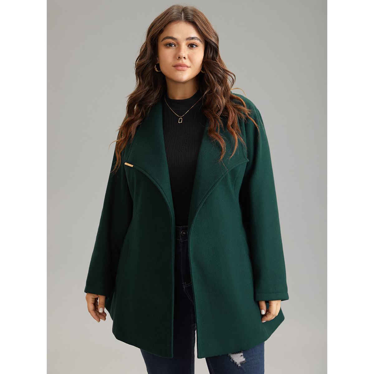 Plus Size Plain Belted Metal Detail Lapel Collar Coat Women DarkGreen Elegant Lined Ladies Everyday Winter Coats BloomChic 14-16/1X Product Image
