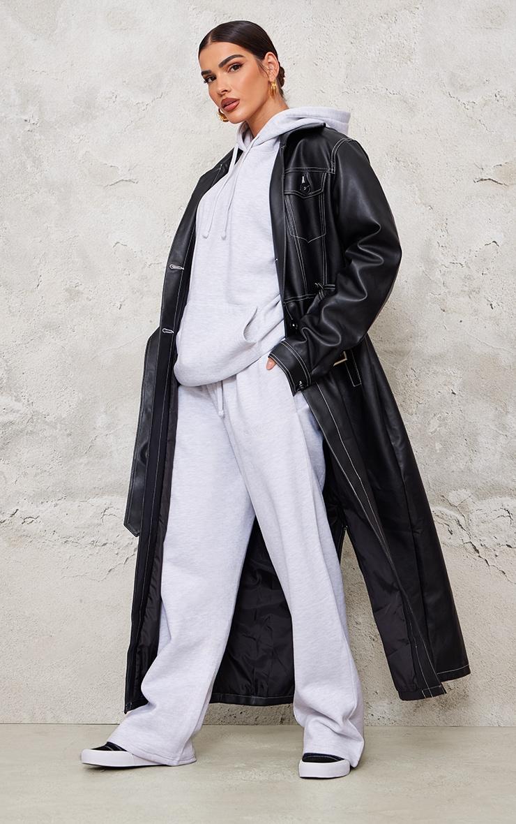 Black Faux Leather Contrast Stitch Split Hem Trench Coat Product Image