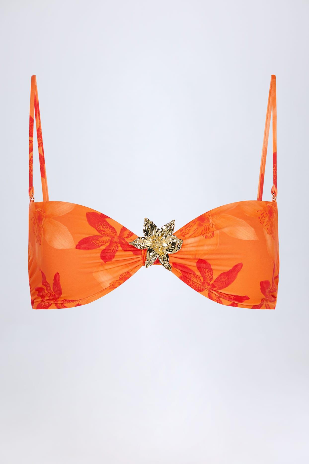 Hardware-Detail Halterneck Bikini Top in Orange Orchid Print Product Image