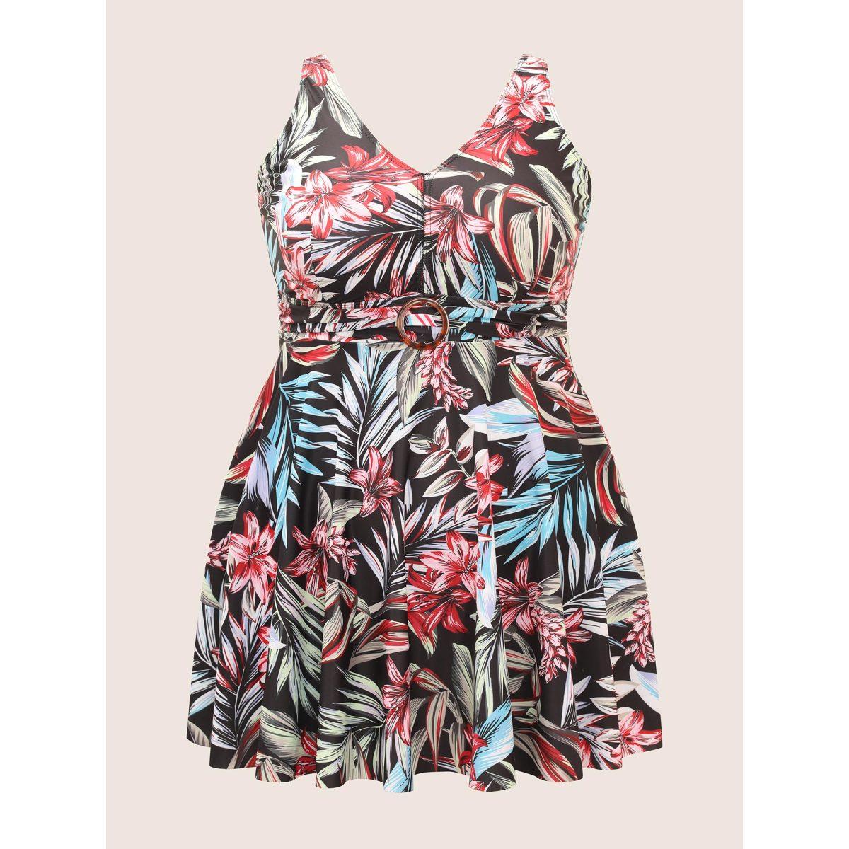 Plus Size Tropical Print Buckle Detail Swim Dress Women's Swimwear BlackFlower Beach Bodycon V-neck High stretch Curve Swim Dresses BloomChic 10/M Product Image