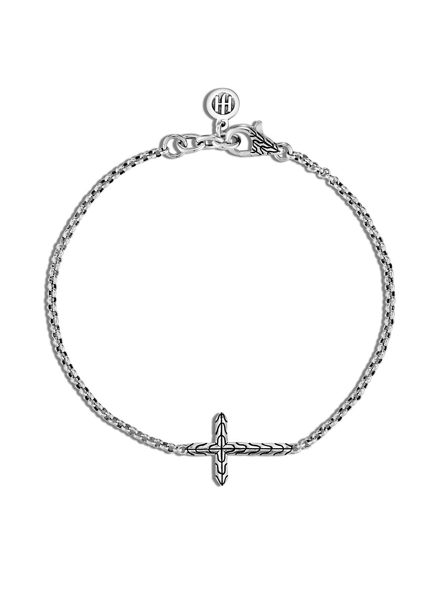 Womens Classic Chain Sterling Silver Carved Cross Bracelet Product Image