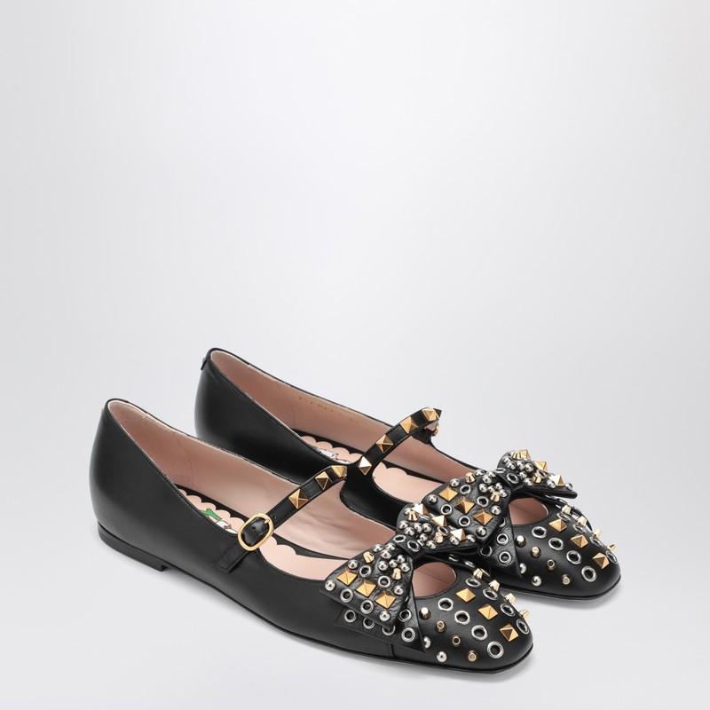 VALENTINO GARAVANI Mary-jane Bowow Ballerina In Kidskin With Studs Woman Black 35 In Multi Product Image
